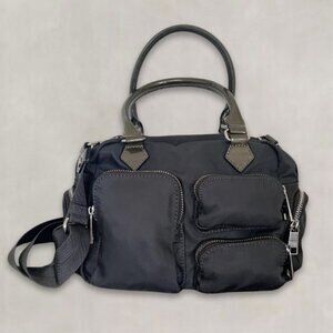 MZ Wallace Kara Satchel Bag Nylon Patent Leather Trim Dual Handle 6 Pockets Gray